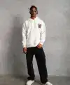 Erkek 3 İplik Pamuklu Kapüşonlu Baskılı Cepli Oversize Sweatshirt Hoodie - Beyaz