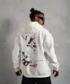 Erkek 3 İplik Pamuklu Kapüşonlu Baskılı Cepli Oversize Sweatshirt Hoodie - Beyaz