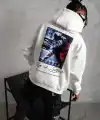 Erkek 3 İplik Pamuklu Kapüşonlu Baskılı Cepli Oversize Sweatshirt Hoodie - Beyaz