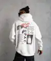 Erkek 3 İplik Pamuklu Kapüşonlu Baskılı Cepli Oversize Sweatshirt Hoodie - Beyaz