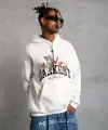 Erkek 3 İplik Pamuklu Kapüşonlu Baskılı Cepli Oversize Sweatshirt Hoodie - Beyaz