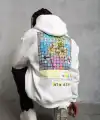 Erkek 3 İplik Pamuklu Kapüşonlu Baskılı Cepli Oversize Sweatshirt Hoodie - Beyaz