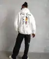 Erkek 3 İplik Pamuklu Kapüşonlu Baskılı Cepli Oversize Sweatshirt Hoodie - Beyaz
