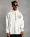 Erkek 3 İplik Pamuklu Kapüşonlu Baskılı Cepli Oversize Sweatshirt Hoodie - Beyaz