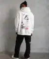 Erkek 3 İplik Pamuklu Kapüşonlu Baskılı Cepli Oversize Sweatshirt Hoodie - Beyaz