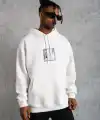 Erkek 3 İplik Pamuklu Kapüşonlu Baskılı Cepli Oversize Sweatshirt Hoodie - Beyaz
