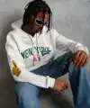 Erkek 3 İplik Pamuklu Kapüşonlu Baskılı Cepli Oversize Sweatshirt Hoodie - Beyaz