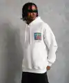 Erkek 3 İplik Pamuklu Kapüşonlu Baskılı Cepli Oversize Sweatshirt Hoodie - Beyaz