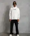 Erkek 3 İplik Pamuklu Kapüşonlu Baskılı Cepli Oversize Sweatshirt Hoodie - Beyaz