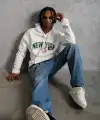 Erkek 3 İplik Pamuklu Kapüşonlu Baskılı Cepli Oversize Sweatshirt Hoodie - Beyaz