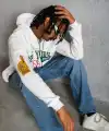 Erkek 3 İplik Pamuklu Kapüşonlu Baskılı Cepli Oversize Sweatshirt Hoodie - Beyaz