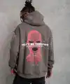 Erkek 3 İplik Pamuklu Kapüşonlu Baskılı Cepli Oversize Sweatshirt Hoodie - Gri