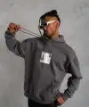 Erkek 3 İplik Pamuklu Kapüşonlu Baskılı Cepli Oversize Sweatshirt Hoodie - Gri