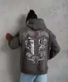 Erkek 3 İplik Pamuklu Kapüşonlu Baskılı Cepli Oversize Sweatshirt Hoodie - Gri