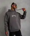 Erkek 3 İplik Pamuklu Kapüşonlu Baskılı Cepli Oversize Sweatshirt Hoodie - Gri