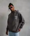 Erkek 3 İplik Pamuklu Kapüşonlu Baskılı Cepli Oversize Sweatshirt Hoodie - Gri