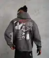 Erkek 3 İplik Pamuklu Kapüşonlu Baskılı Cepli Oversize Sweatshirt Hoodie - Gri