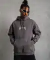 Erkek 3 İplik Pamuklu Kapüşonlu Baskılı Cepli Oversize Sweatshirt Hoodie - Gri