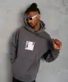 Erkek 3 İplik Pamuklu Kapüşonlu Baskılı Cepli Oversize Sweatshirt Hoodie - Gri
