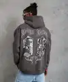 Erkek 3 İplik Pamuklu Kapüşonlu Baskılı Cepli Oversize Sweatshirt Hoodie - Gri