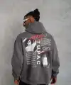 Erkek 3 İplik Pamuklu Kapüşonlu Baskılı Cepli Oversize Sweatshirt Hoodie - Gri