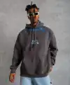 Erkek 3 İplik Pamuklu Kapüşonlu Baskılı Cepli Oversize Sweatshirt Hoodie - Gri