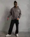 Erkek 3 İplik Pamuklu Kapüşonlu Baskılı Cepli Oversize Sweatshirt Hoodie - Gri