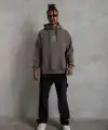 Erkek 3 İplik Pamuklu Kapüşonlu Baskılı Cepli Oversize Sweatshirt Hoodie - Gri