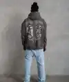 Erkek 3 İplik Pamuklu Kapüşonlu Baskılı Cepli Oversize Sweatshirt Hoodie - Gri