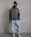 Erkek 3 İplik Pamuklu Kapüşonlu Baskılı Cepli Oversize Sweatshirt Hoodie - Gri