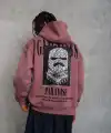 Erkek 3 İplik Pamuklu Kapüşonlu Baskılı Cepli Oversize Sweatshirt Hoodie - Gül Kurusu