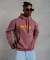 Erkek 3 İplik Pamuklu Kapüşonlu Baskılı Cepli Oversize Sweatshirt Hoodie - Gül Kurusu