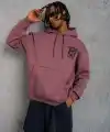 Erkek 3 İplik Pamuklu Kapüşonlu Baskılı Cepli Oversize Sweatshirt Hoodie - Gül Kurusu
