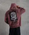 Erkek 3 İplik Pamuklu Kapüşonlu Baskılı Cepli Oversize Sweatshirt Hoodie - Gül Kurusu