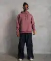 Erkek 3 İplik Pamuklu Kapüşonlu Baskılı Cepli Oversize Sweatshirt Hoodie - Gül Kurusu