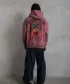 Erkek 3 İplik Pamuklu Kapüşonlu Baskılı Cepli Oversize Sweatshirt Hoodie - Gül Kurusu