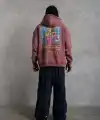 Erkek 3 İplik Pamuklu Kapüşonlu Baskılı Cepli Oversize Sweatshirt Hoodie - Gül Kurusu