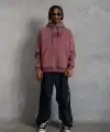 Erkek 3 İplik Pamuklu Kapüşonlu Baskılı Cepli Oversize Sweatshirt Hoodie - Gül Kurusu