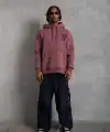 Erkek 3 İplik Pamuklu Kapüşonlu Baskılı Cepli Oversize Sweatshirt Hoodie - Gül Kurusu