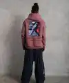 Erkek 3 İplik Pamuklu Kapüşonlu Baskılı Cepli Oversize Sweatshirt Hoodie - Gül Kurusu