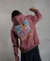 Erkek 3 İplik Pamuklu Kapüşonlu Baskılı Cepli Oversize Sweatshirt Hoodie - Gül Kurusu