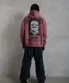 Erkek 3 İplik Pamuklu Kapüşonlu Baskılı Cepli Oversize Sweatshirt Hoodie - Gül Kurusu