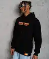 Erkek 3 İplik Pamuklu Kapüşonlu Baskılı Cepli Oversize Sweatshirt Hoodie - Siyah