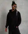 Erkek 3 İplik Pamuklu Kapüşonlu Baskılı Cepli Oversize Sweatshirt Hoodie - Siyah