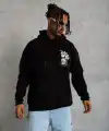 Erkek 3 İplik Pamuklu Kapüşonlu Baskılı Cepli Oversize Sweatshirt Hoodie - Siyah