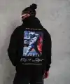 Erkek 3 İplik Pamuklu Kapüşonlu Baskılı Cepli Oversize Sweatshirt Hoodie - Siyah