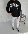 Erkek 3 İplik Pamuklu Kapüşonlu Baskılı Cepli Oversize Sweatshirt Hoodie - Siyah