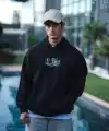 Erkek 3 İplik Pamuklu Kapüşonlu Baskılı Cepli Oversize Sweatshirt Hoodie - Siyah