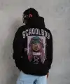 Erkek 3 İplik Pamuklu Kapüşonlu Baskılı Cepli Oversize Sweatshirt Hoodie - Siyah
