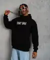 Erkek 3 İplik Pamuklu Kapüşonlu Baskılı Cepli Oversize Sweatshirt Hoodie - Siyah